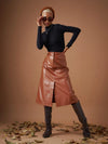 Women Brown Pu A-Line Below Knee Skirt