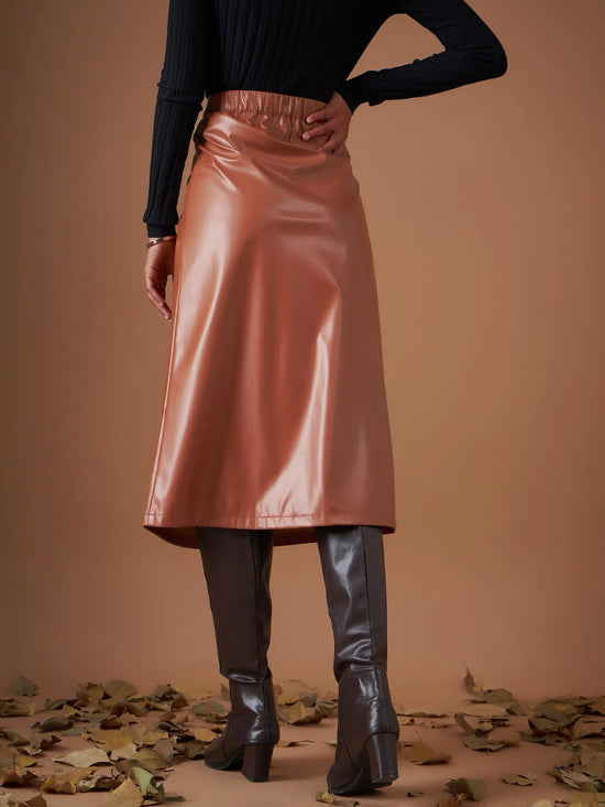 Women Brown Pu A-Line Below Knee Skirt