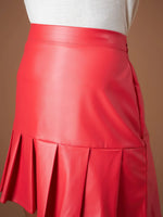 Women Red Pu Pleated Mini Skirt