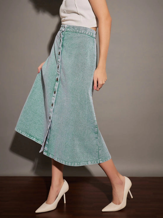 Women Green Washed Denim A-Line Skirt