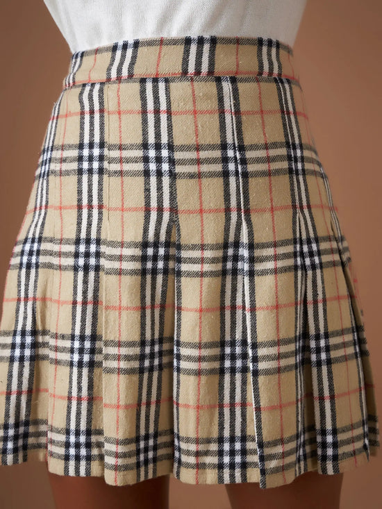 Women Beige Flannel Check Pleated Mini Skirt