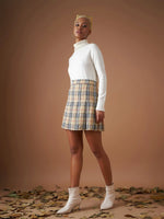 Women Beige Flannel Check Pleated Mini Skirt