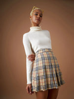 Women Beige Flannel Check Pleated Mini Skirt