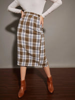 Women Brown Yarndyed Check Pencil Skirt