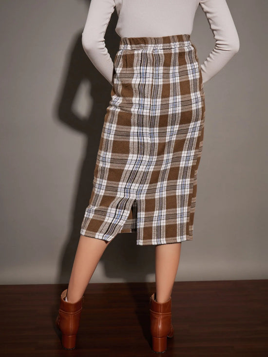 Women Brown Yarndyed Check Pencil Skirt