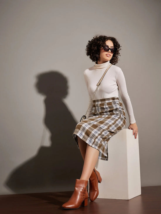 Women Brown Yarndyed Check Pencil Skirt