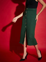 Women Green Tweed Front Button Midi Skirt