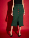 Women Green Tweed Front Button Midi Skirt