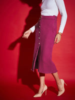 Women Magenta Tweed Front Button Midi Skirt