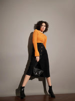 Women Black Washed Front Button Wrap Skirt