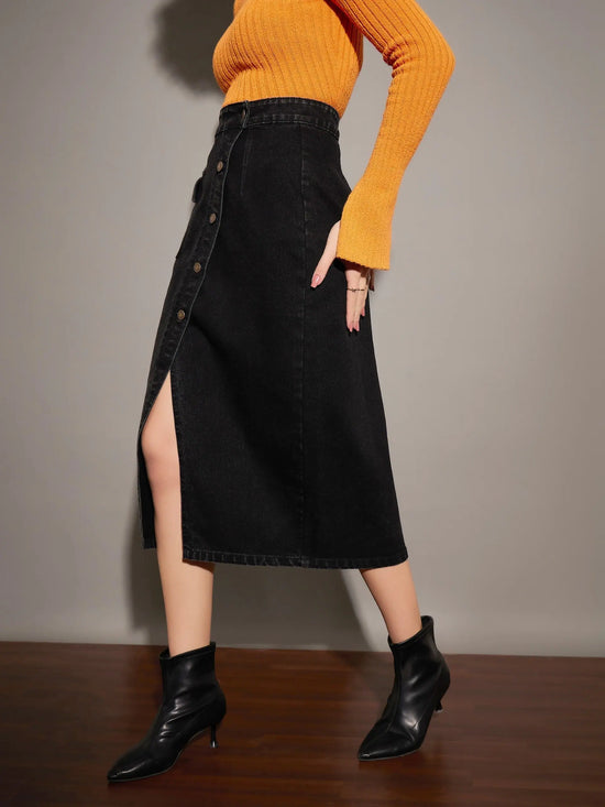 Women Black Washed Front Button Wrap Skirt