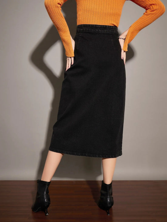 Women Black Washed Front Button Wrap Skirt