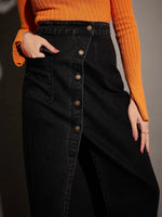 Women Black Washed Front Button Wrap Skirt