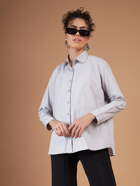 Women Grey Cotton Poplin Back Placket Shirt