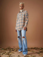 Women Beige Flannel Check Oversized Shirt