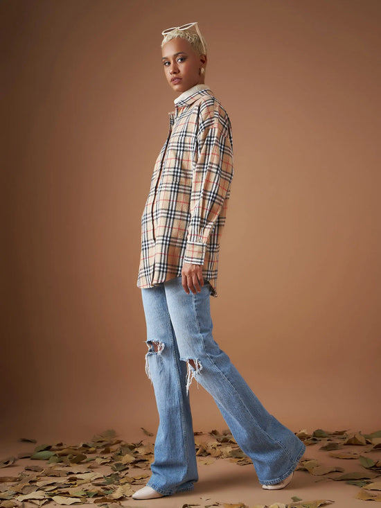 Women Beige Flannel Check Oversized Shirt