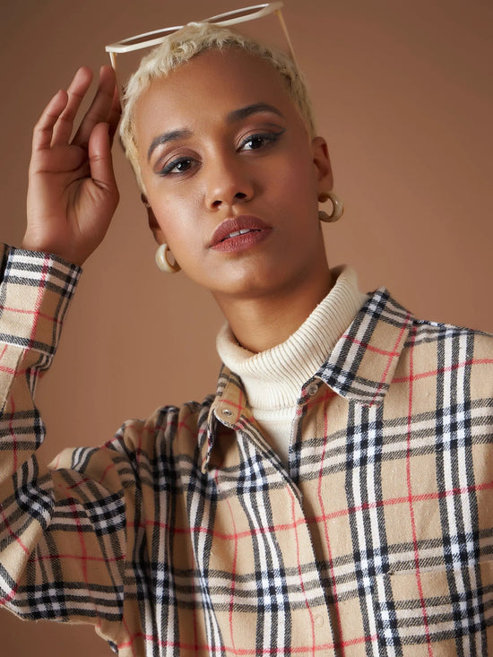 Women Beige Flannel Check Oversized Shirt