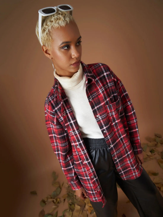 Women Red Flannel Check Oversized Shirt