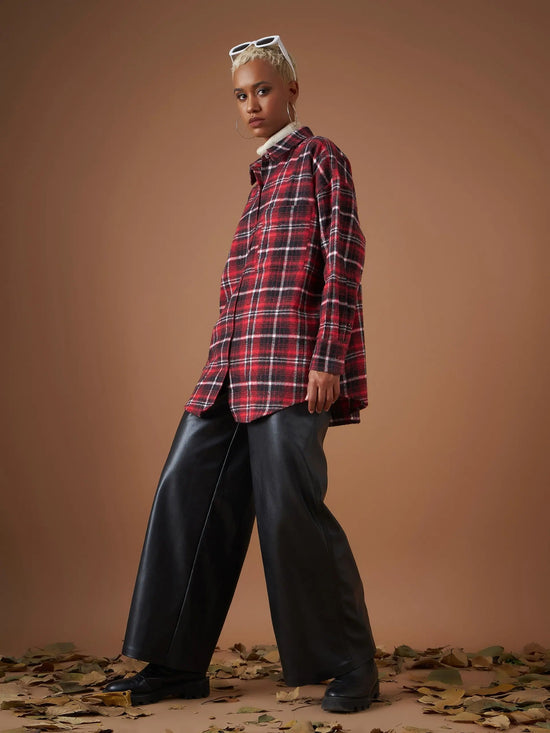 Women Red Flannel Check Oversized Shirt