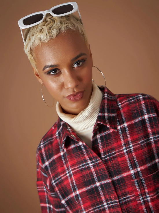 Women Red Flannel Check Oversized Shirt