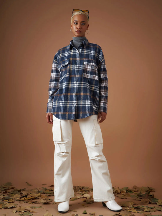 Women Navy Flannel Check Colourblock Oversized Shirt