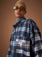 Women Navy Flannel Check Colourblock Oversized Shirt