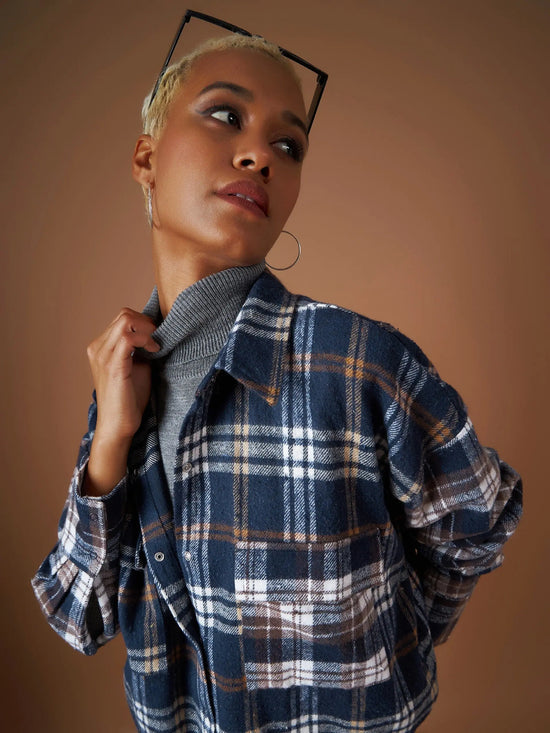 Women Navy Flannel Check Colourblock Oversized Shirt