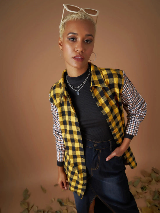 Women Yellow Flannel Check Colourblock Regular Shirt