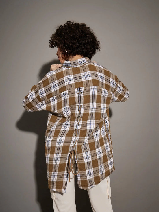 Women Brown Yarndyed Back Cris Cross Detail Oversized Shirt