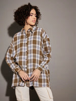 Women Brown Yarndyed Back Cris Cross Detail Oversized Shirt