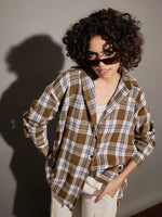 Women Brown Yarndyed Back Cris Cross Detail Oversized Shirt