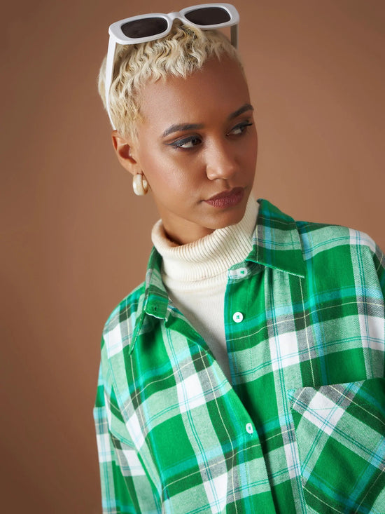 Women Green Yarndyed Check Oversized Shirt