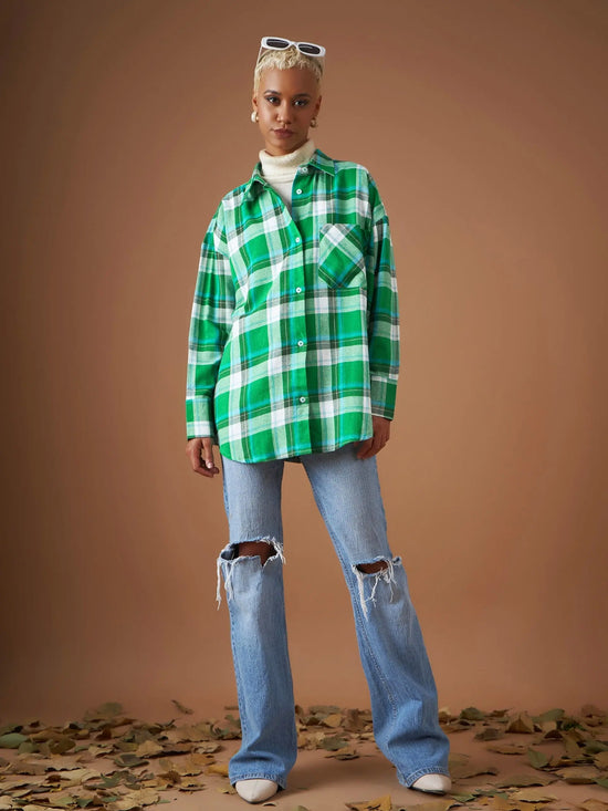 Women Green Yarndyed Check Oversized Shirt