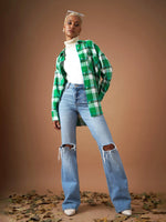 Women Green Yarndyed Check Oversized Shirt