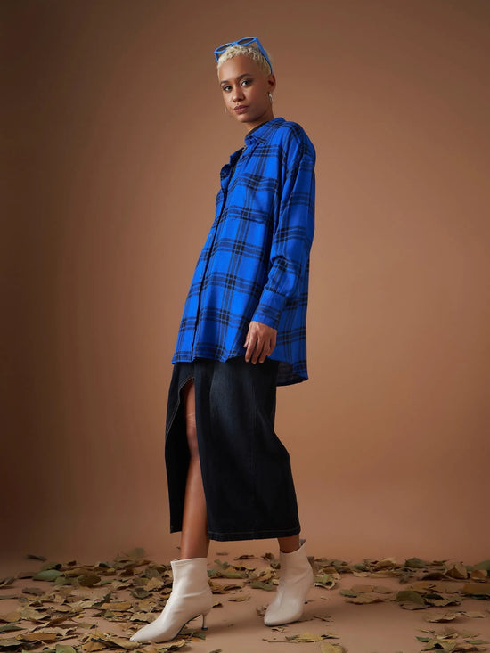 Women Royal Blue Yarndyed Check Oversized Shirt