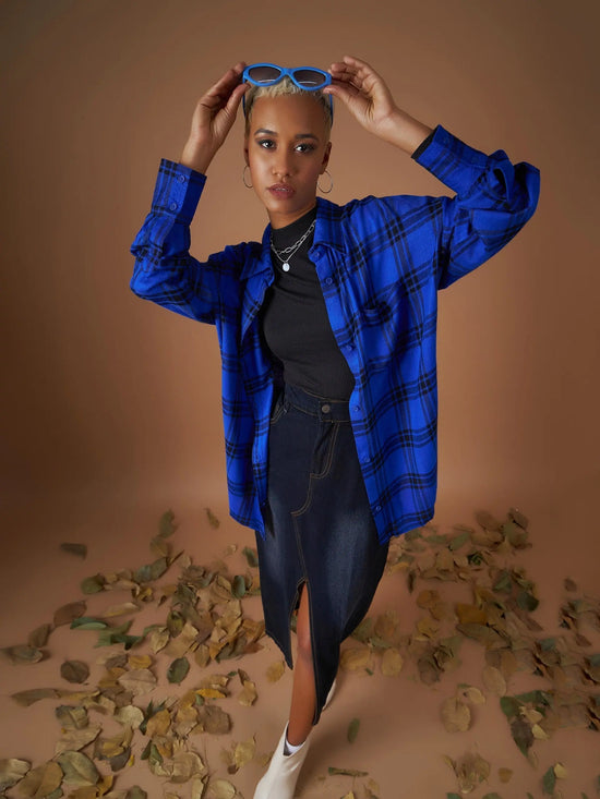 Women Royal Blue Yarndyed Check Oversized Shirt