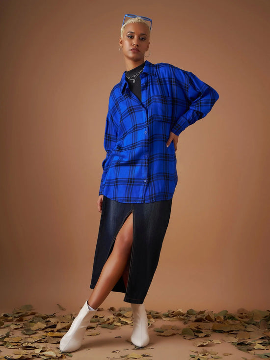 Women Royal Blue Yarndyed Check Oversized Shirt