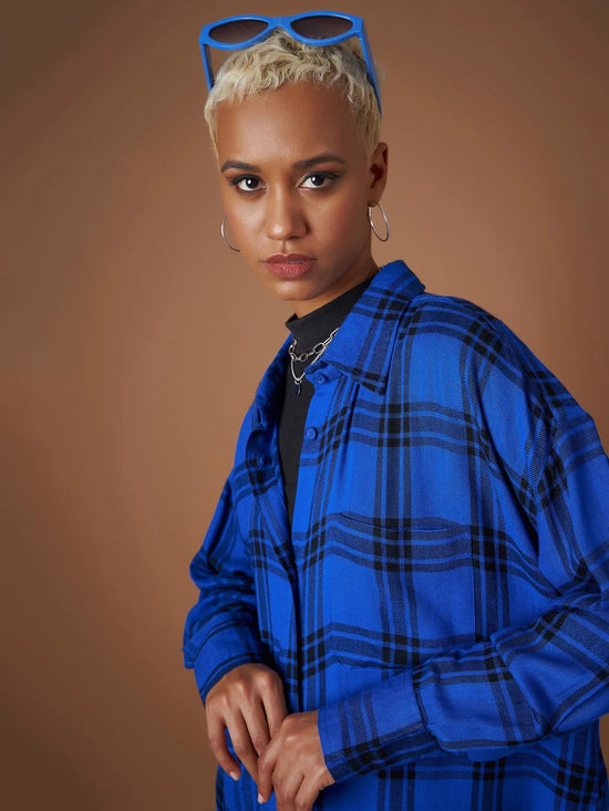 Women Royal Blue Yarndyed Check Oversized Shirt