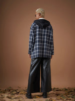 Women Navy Yarndyed Check Hooded Oversized Shirt