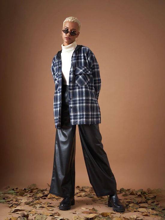 Women Navy Yarndyed Check Hooded Oversized Shirt