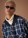 Women Navy Yarndyed Check Hooded Oversized Shirt