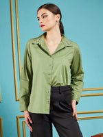 Women Olive Poplin Collar Studded Regular Shirt