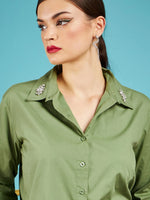 Women Olive Poplin Collar Studded Regular Shirt