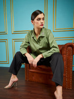 Women Olive Poplin Collar Studded Regular Shirt