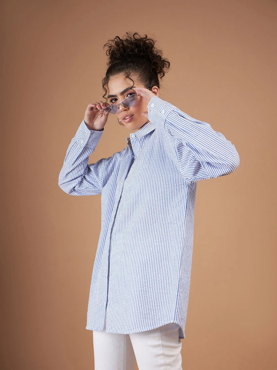 Women Blue & White Striped Oversized Shirt