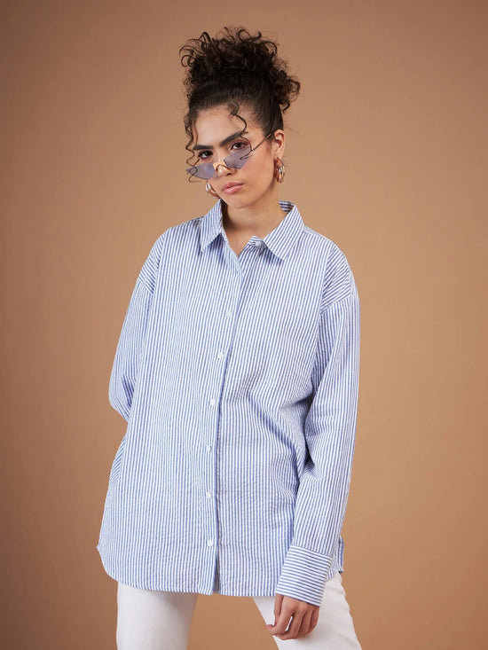 Women Blue & White Striped Oversized Shirt