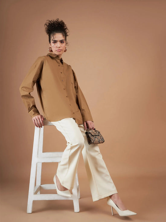 Women Brown Cotton Poplin Oversized Shirt