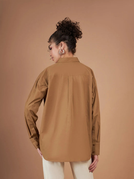 Women Brown Cotton Poplin Oversized Shirt