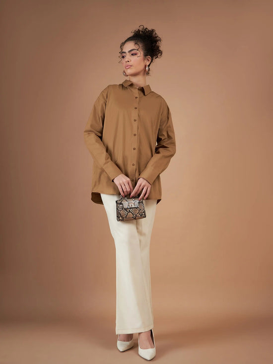 Women Brown Cotton Poplin Oversized Shirt