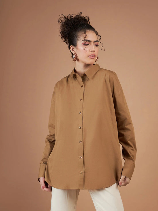 Women Brown Cotton Poplin Oversized Shirt